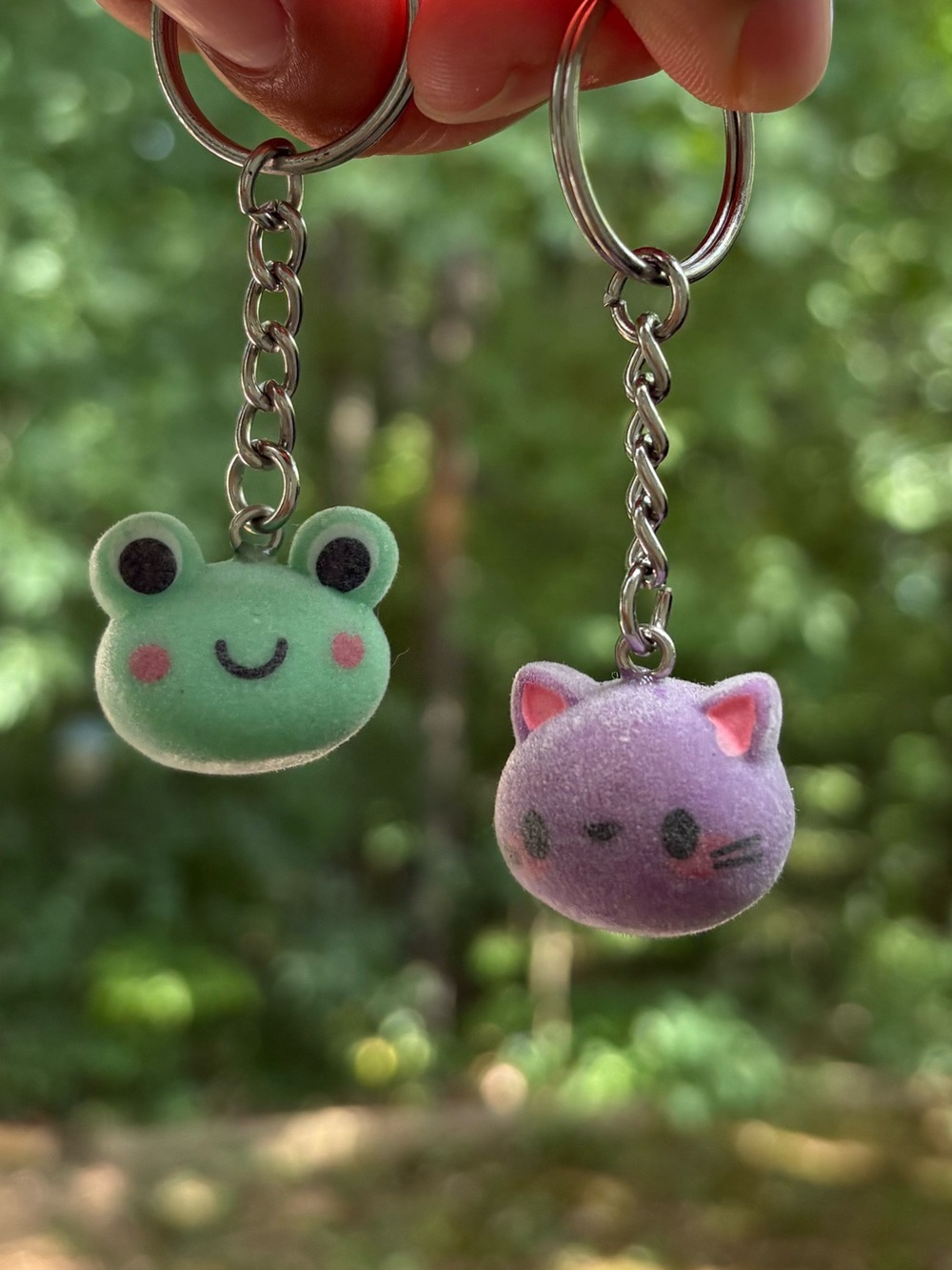 Both included  Cute Plush Frog and Cat Keychain Pair - Green & Purple